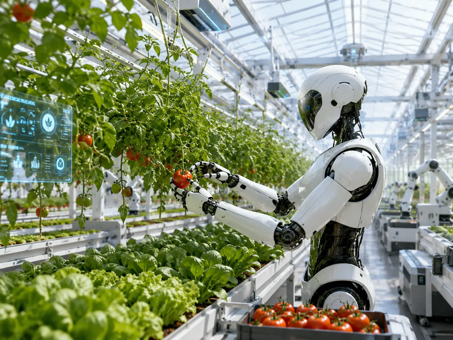 温室でトマトを収穫するヒューマノイドロボット
